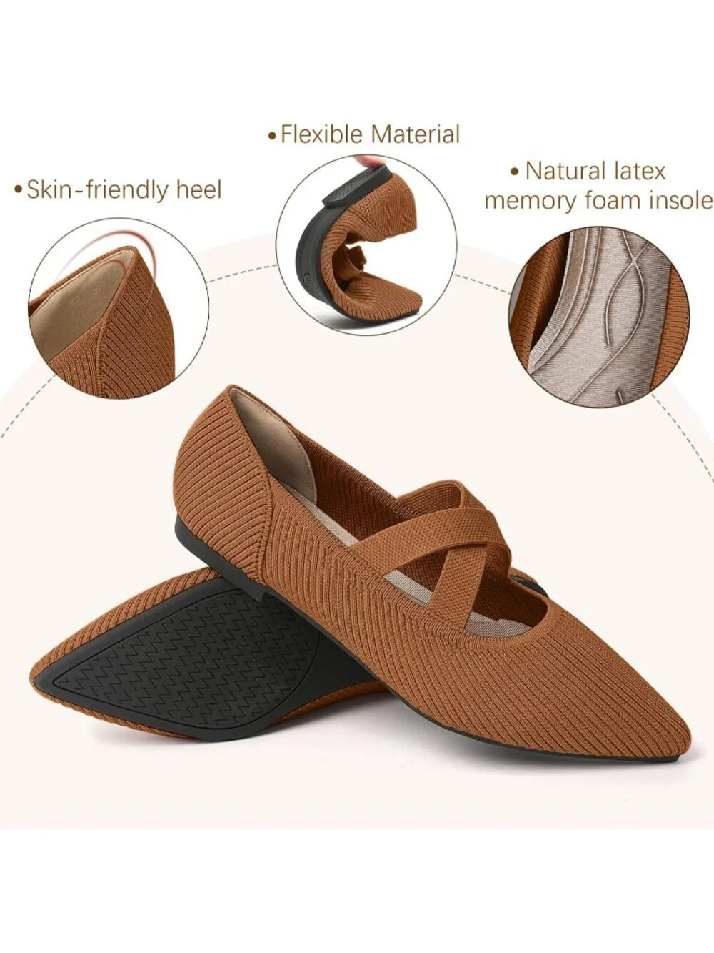 Women's Brown Knit Mary Jane Flats Pointed Toe Comfortable Slip On Dressy Shoes